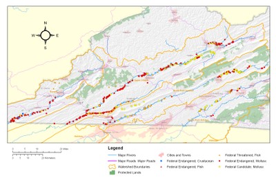 Map of Federally Listed Aquatic Species in Virginia Portion of UTRB