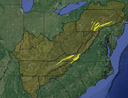 Regional-scale corridors that connect large cores. Three were identified and mapped:
1) Northern Cumberland-Blue Ridge (connects South Blue Ridge to Central Appalachian core to the north);
2) Southern Cumberland-Blue Ridge (connects Southern Blue Ridge to Central Appalachian Core to south);
3) Northern Sandstone Ridges (connect Central Appalachian-Allegheny Regional core to Delaware Water Gap-Catskills)