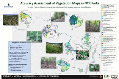 A joint project of NatureServe and the National Park Service, National Capital Region. NatureServe has completed an Accuracy Assessment of the mapping of plant communities in 11 parks in the National Capital  Region.  An Accuracy Assessment tells park managers the level of confidence they can have that a Plant Community is correctly mapped. The plant communities were classified in 2008 and mapped by Natureserve through a partnership with the National Capital  Region, NPS Vegetation Inventory Program, and the Virginia, Maryland and West Virginia Natural Heritage Programs. The maps were completed in 2012. NCR plant communities are classified at the Association level of the United States National Vegetation Classification, which is the NPS standard.  Additionally, each park with a surrounding 0.5-mile buffer was mapped according to the Ecological Systems classification. This effort resulted in mapped locations of 112 Associations and 24 Ecological Systems across  11 NCR parks.  These products provide resource managers with a robust classification of their plant communities within  the regional landscape, and maps which will help them understand the distribution of plant communities within  their parks.  Workshops will be held at parks to demonstrate uses of the classification, field keys, and maps of plant communities.