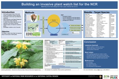 Prioritizing treatment of invasive plants improves the efficiency of an invasive plant program. One prioritization tool is a watch list; such a list contains species that are not yet known to occur in the target area but have the potential to occur. My objective was to identify priority species for a regional early detection watch  list for NCR. First, I used the EDDMapS database of plant occurrences to identify non-native plants reported within 150 miles of DC. Second, I sorted the list to include only species not reported by park staff to be invasive in park natural areas. Third, the resulting 97 candidate species were classified using NatureServe’s Invasive Species Assessment Protocol (ISAP). The ISAP includes questions about ecological impact, current distribution, trend in distribution, and management difficulty. Each category contributes to an overall ranking. Removing these populations will protect natural areas and reduce management costs in future years.