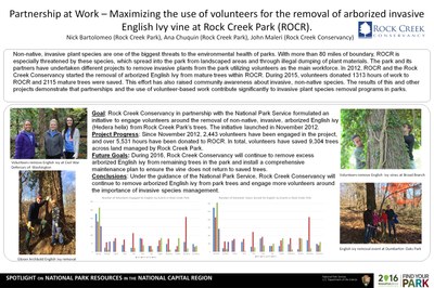 Non-native invasive plan species are one of the biggest threats to the environmental health of parks. With more than 80 miles of boundary, ROCR is especially threatened by these species, which spread into the park from lands ape areas and through illegal dumping of plant materials. The park and its partners have undertaken different projects to remove invasive plants from the park utilizing volunteers as the main workforce. In 2012, ROCR and the Rock Creek Conservancy started the removal of barbarized English Ivy from mature trees within ROCR. During 2015, volunteers donated 1313 hours of work to ROCR and 2115 mature trees were saved. The results of this and other projects demonstrate that partnerships and the use of volunteer-based work contribute significantly to invasive plant species removal programs in parks.