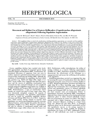 Movement and habitat use of Eastern hellbenders (Cryptobranchus alleganiensis alleganiensis) following population augmentation