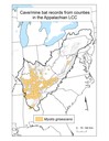 Distribution map of counties with a cave/mine occurrence for the gray bat (Myotis grisecens) within the Appalachian LCC region. 