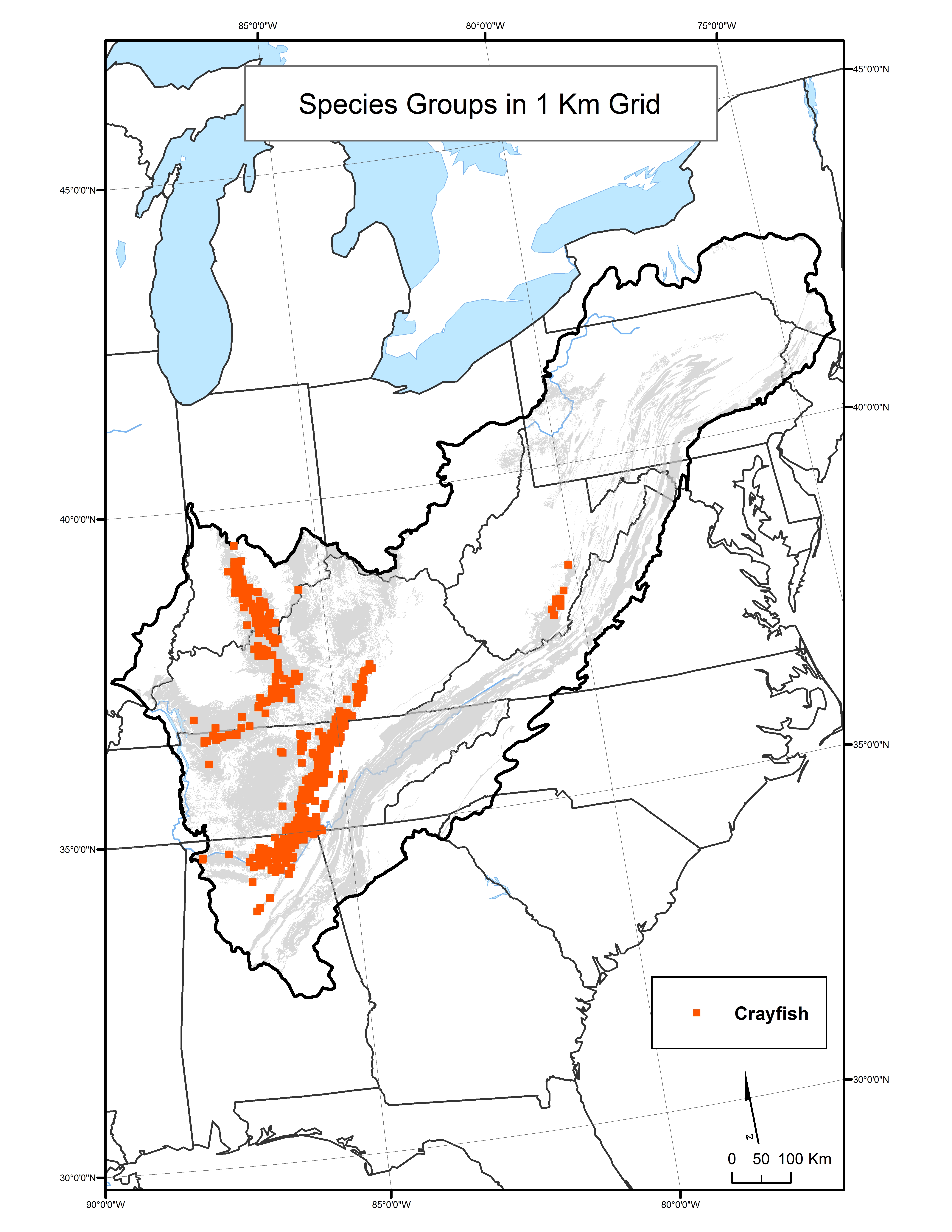 Crayfish Species Distribution by 1km Grid