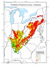 This map depicts the probability of presence for species within the amphipod group throughout the Appalachian LCC region. Red areas have the highest probability of presence.