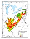 This map depicts the probability of presence for species within the asellid isopod group throughout the Appalachian LCC region. Red areas have the highest probability of presence.