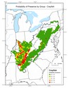 This map depicts the probability of presence for species within the crayfish group throughout the Appalachian LCC region. Red areas have the highest probability of presence.