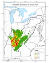 This map depicts the probability of presence for species within the fish group throughout the Appalachian LCC region. Red areas have the highest probability of presence.