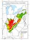 This map depicts the probability of presence for species within the ground beetle group throughout the Appalachian LCC region. Red areas have the highest probability of presence.