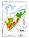 This map depicts the probability of presence for species within the millipede group throughout the Appalachian LCC region. Red areas have the highest probability of presence.