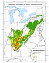This map depicts the probability of presence for species within the pseudoscorpion group throughout the Appalachian LCC region. Red areas have the highest probability of presence.