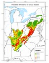 This map depicts the probability of presence for species within the spider group throughout the Appalachian LCC region. Red areas have the highest probability of presence.