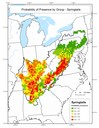 This map depicts the probability of presence for species within the springtail group throughout the Appalachian LCC region. Red areas have the highest probability of presence.