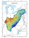 Average annual stream baseflow index at 1 kilometer resolution throughout the Appalachian LCC region.